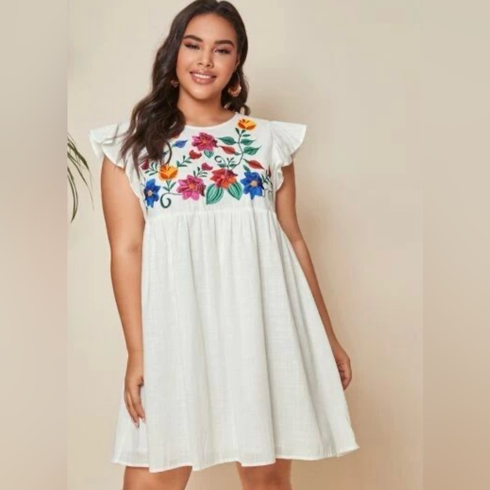 Baby doll floral embroidered smock dress